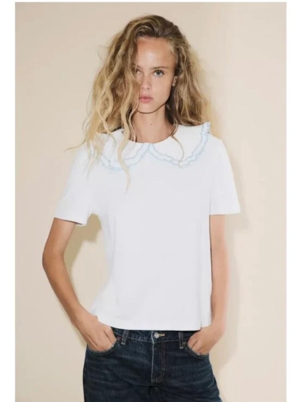 Zara White Short Sleeve Top with Ruffle Collar